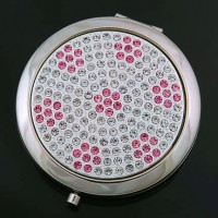 Compact Mirror - 12 PCS - Clear Crystal W/Pink Flowers - MR-JC2